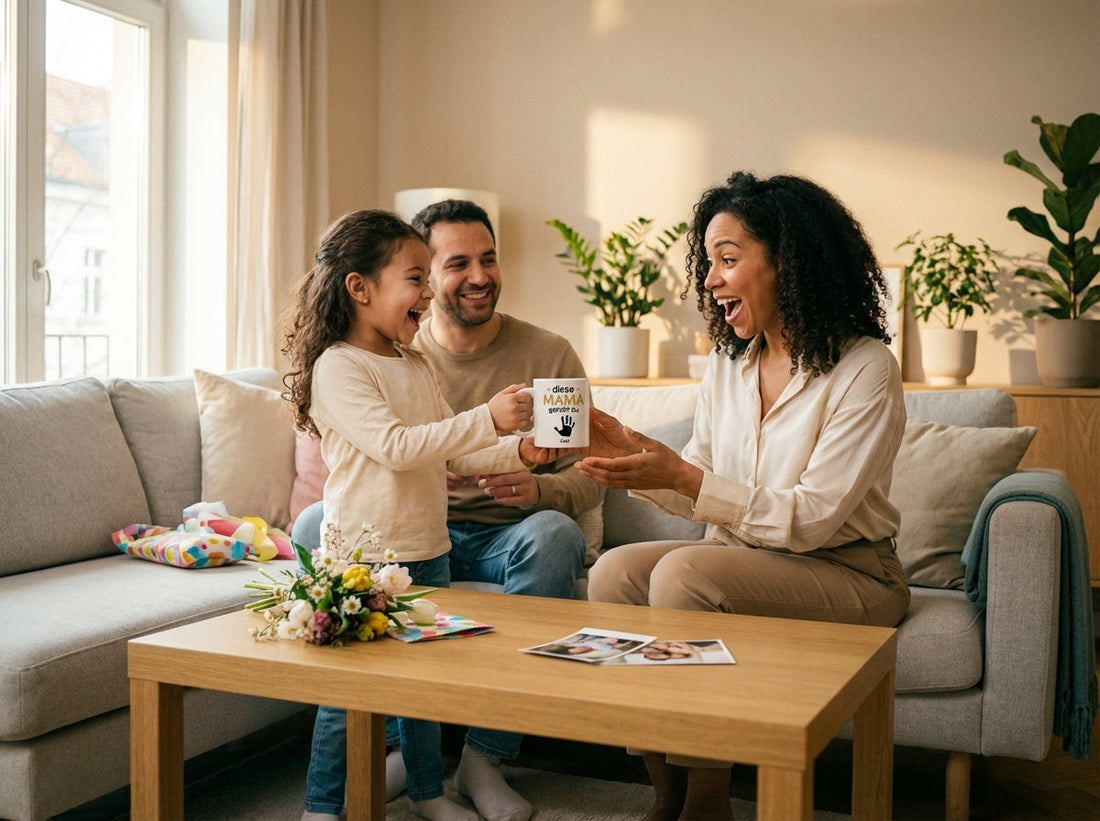 Glückliche Familie feiert Muttertag mit personalisierten Geschenken von Gutvibes