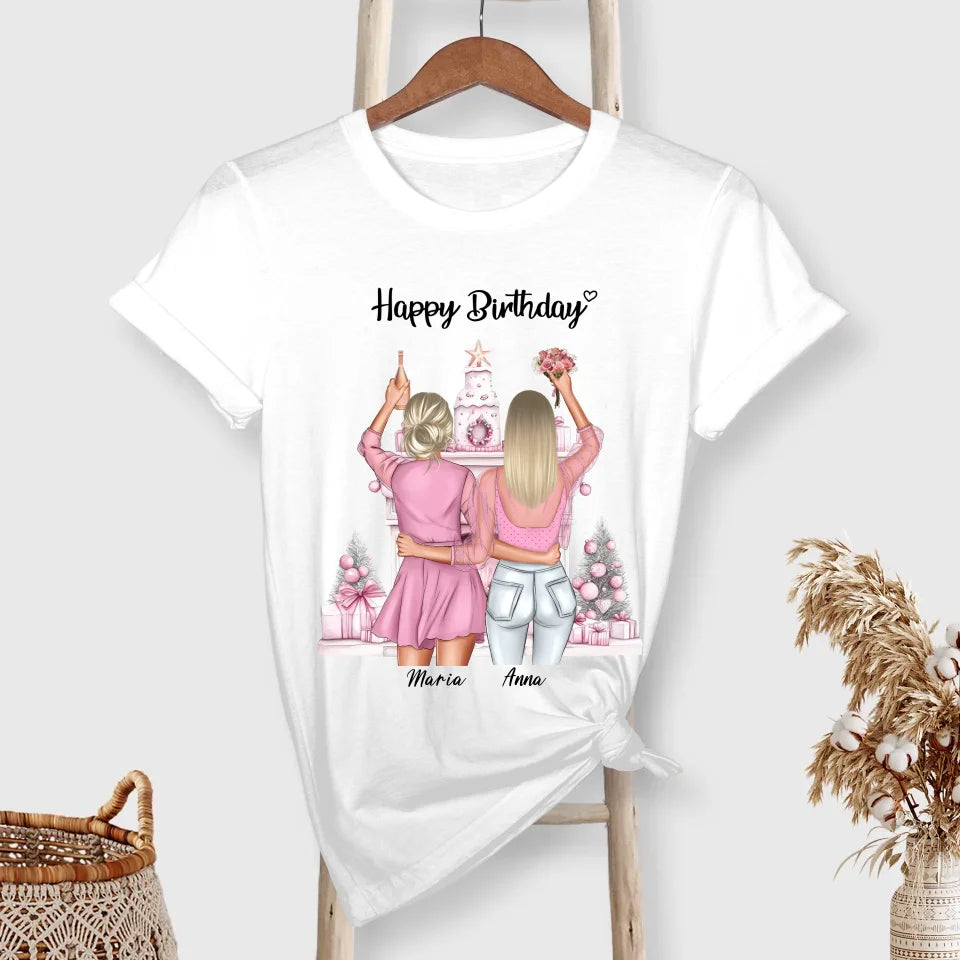 Personalisiertes Freundinnen T-Shirt zwei Figuren mit Namen Frisur Outfit Geburtstag Gutvibes
