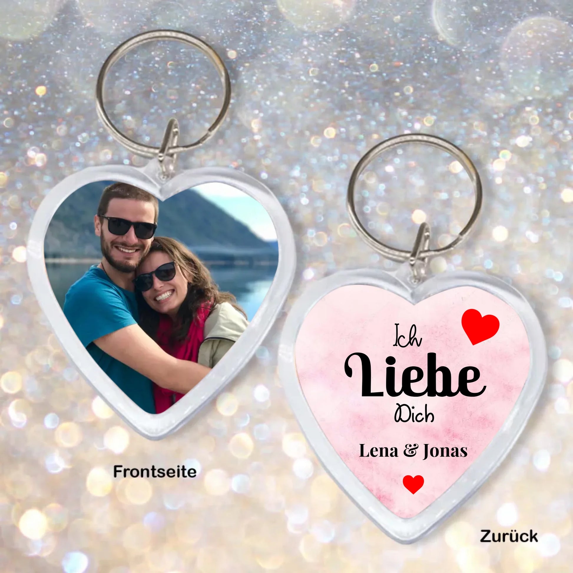 Personalisierter Herz Schlüsselanhänger mit Foto und Namen für Paare