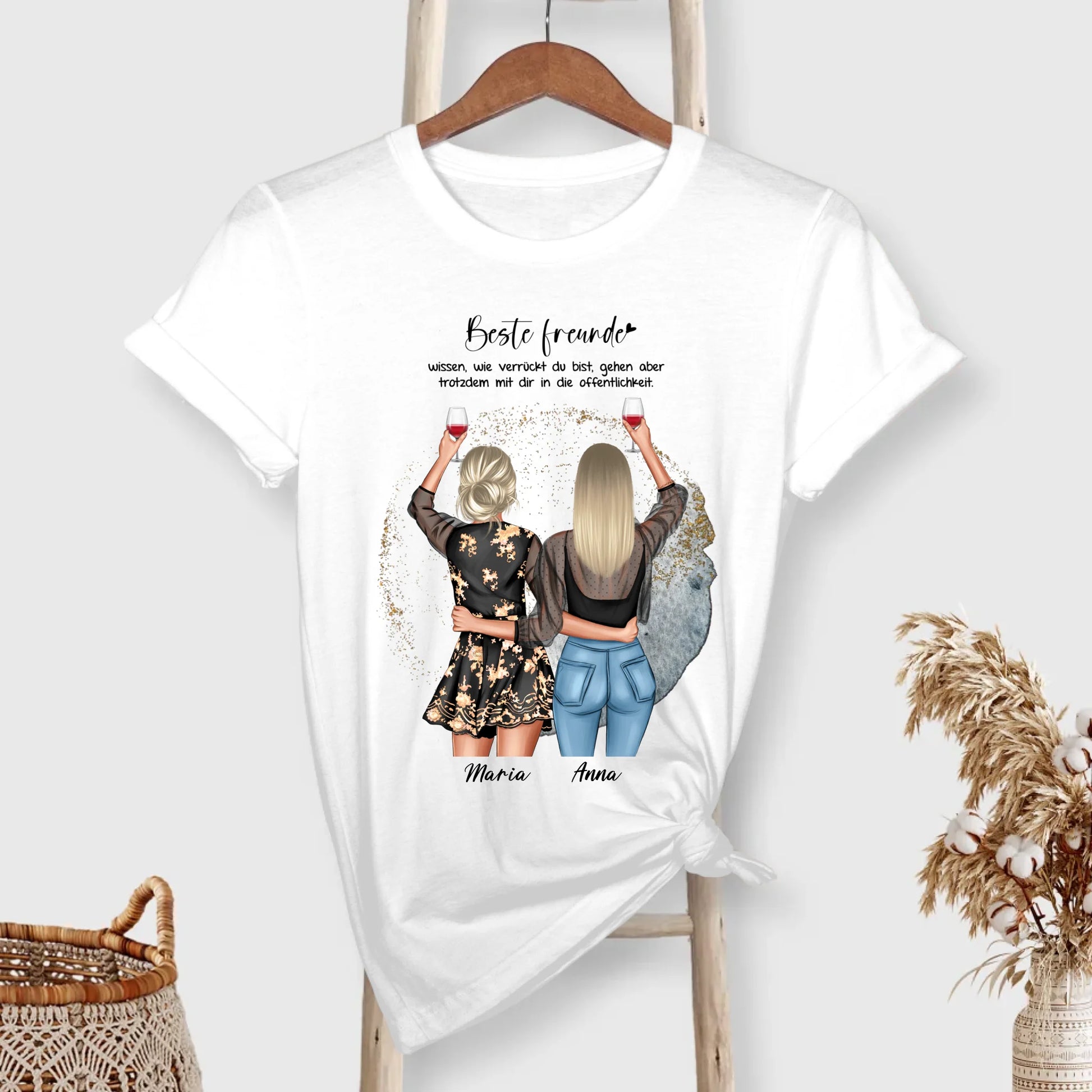 Personalisiertes Freundinnen T-Shirt zwei Figuren mit Namen Frisur Outfit Geburtstag Gutvibes