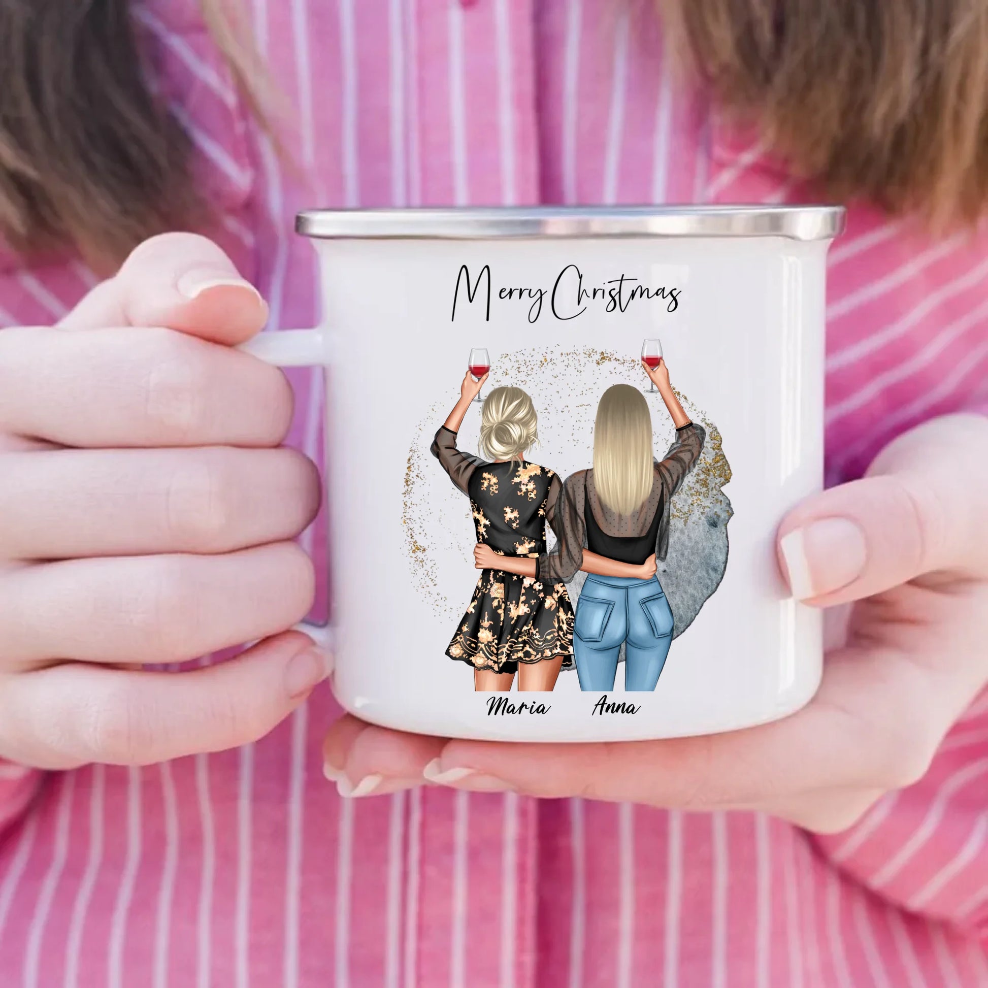 Personalisierte Emaille-Tasse Freundinnen mit 2 Namen Bestie Geschenk Gutvibes