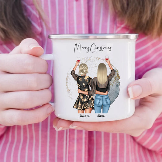 Personalisierte Emaille-Tasse Freundinnen mit 2 Namen Bestie Geschenk Gutvibes