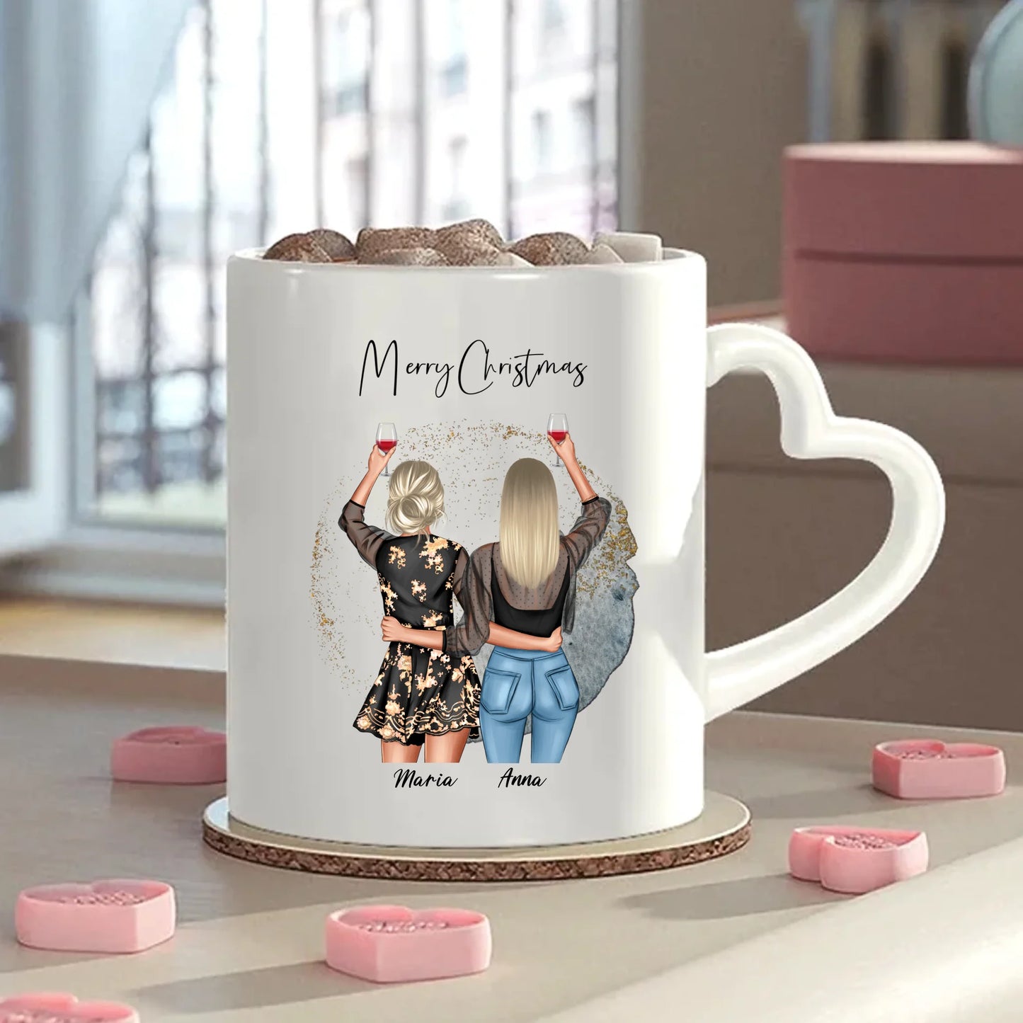 Personalisierte Tasse mit Herzgriff Freundinnen mit 2 Namen Bestie Geschenk Gutvibes