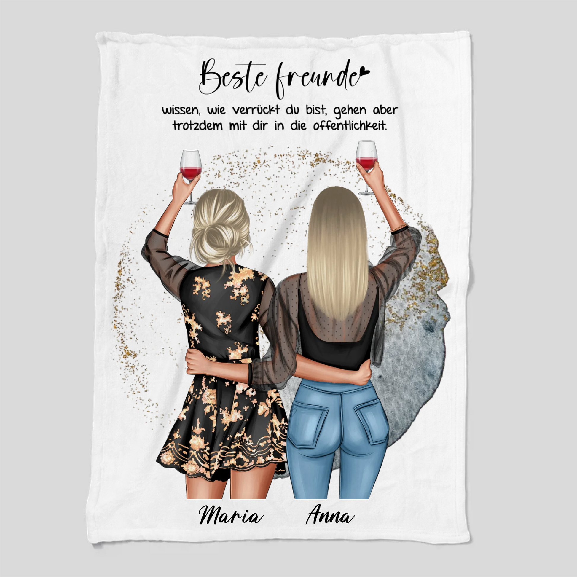 Personalisierte Freundinnen Decke zwei Figuren mit Namen Frisur Outfit Geburtstag Gutvibes