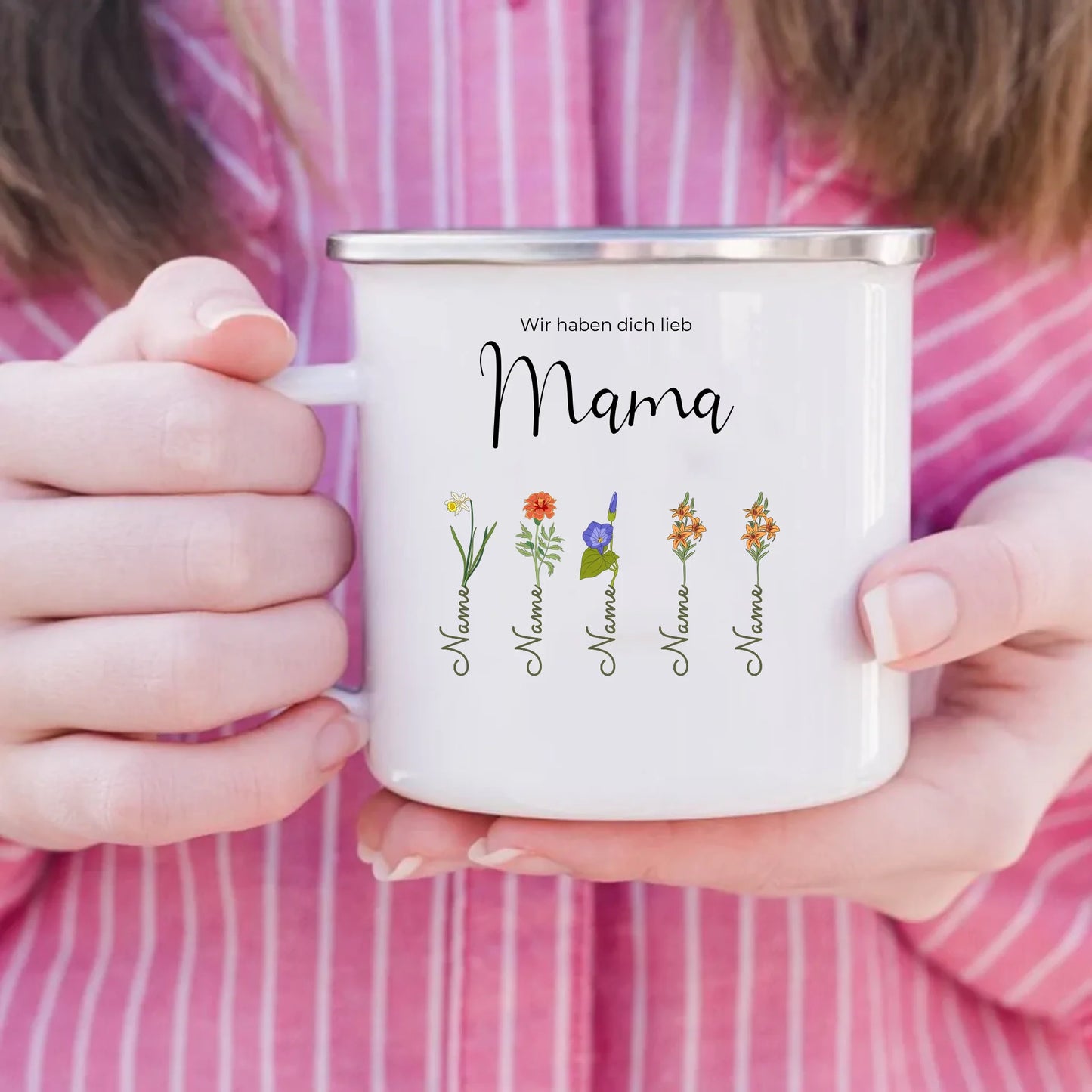 Blumen Mama Emaille-Tasse personalisiert – Gutvibes