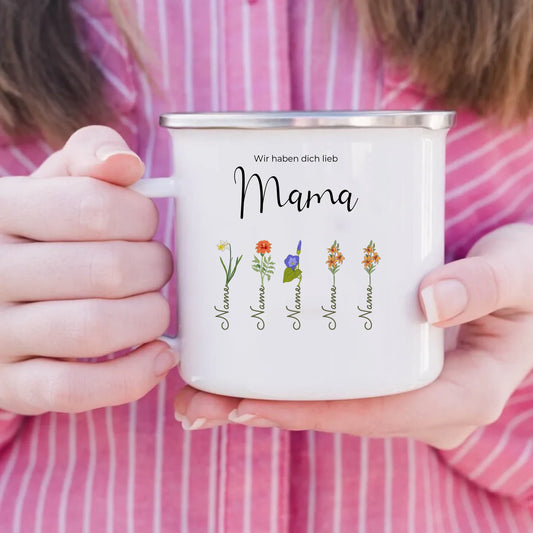 Blumen Mama Emaille-Tasse personalisiert – Gutvibes