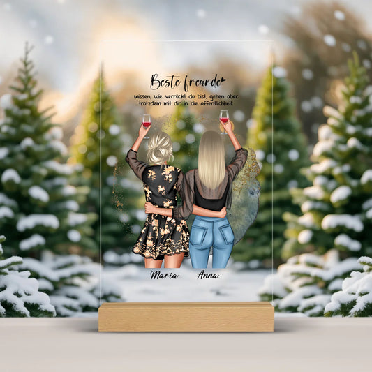 Personalisierte Freundinnen Acrylschild zwei Figuren mit Namen Frisur Outfit Geburtstag Gutvibes